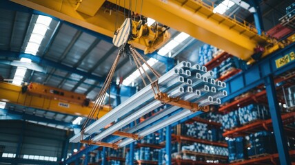 A yellow overhead crane transports a rack of painted aluminum profiles in a large, modern manufacturing plant. Industrial material handling concept.