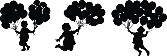 Sets of silhouette children holding bunch of ballon , vector illustration