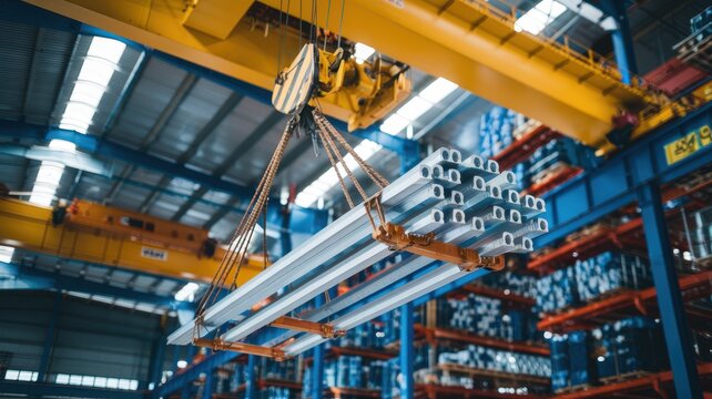 A yellow overhead crane transports a rack of painted aluminum profiles in a large, modern manufacturing plant. Industrial material handling concept.