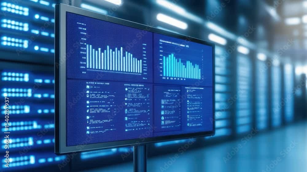 Poster advanced data visualization on screen in modern data center with blue led lights and server racks in