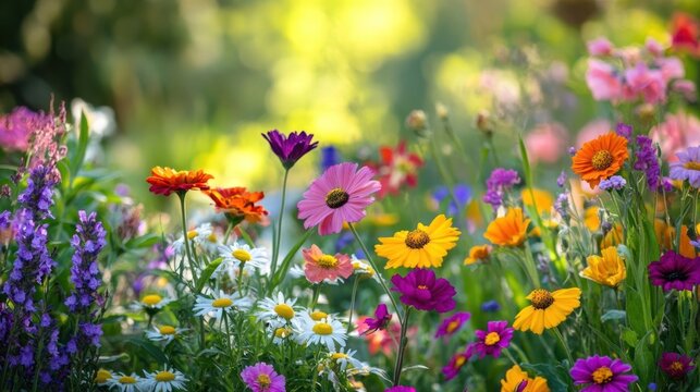 Garden filled with colorful flowers outdoors blossoms scenery.