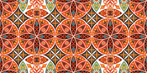 Modern, Ornamental Mosaic Tile with Repeating Floral and Geometric Motifs vector mandala pattern, background for fabric, clothes, carpet, luxury, textile, texture, illustration, ornate mosaic floor.
