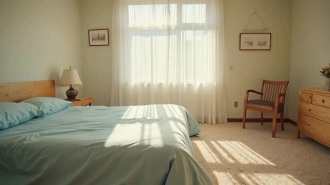 A sunlit bedroom features a light teal duvet on a wooden bed frame, a wooden chair, a dresser, bedside table, and two framed pictures on the wall, creating a calm and serene atmosphere.