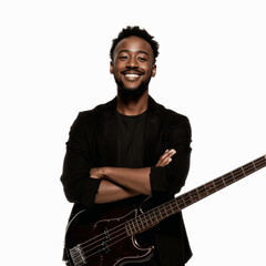 Confident Black Musician with Bass Guitar Against Abstract Transparent background