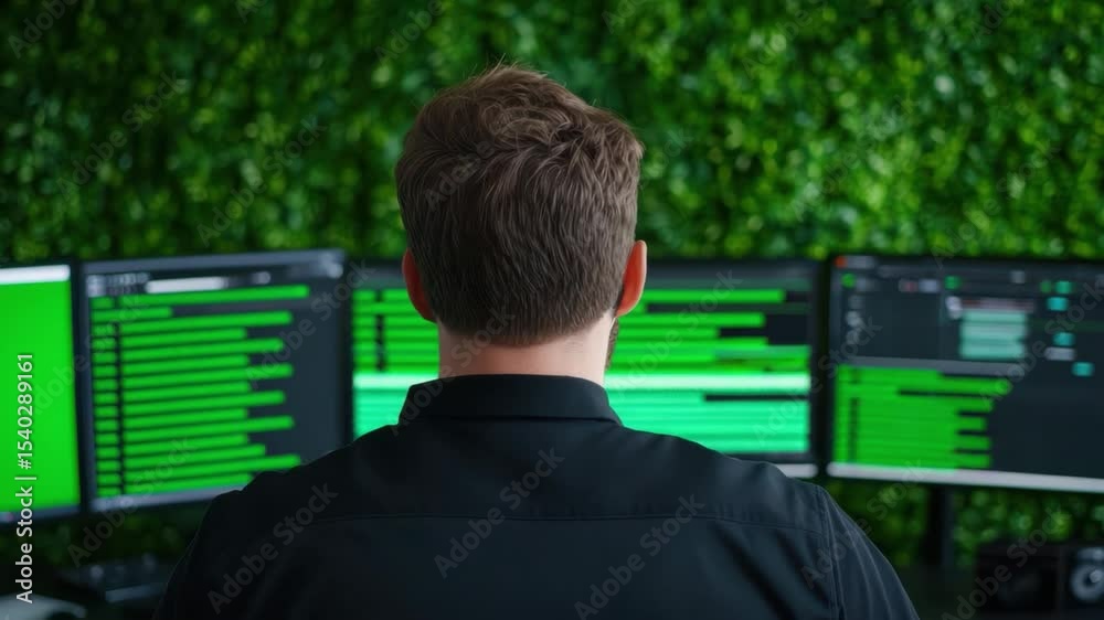 Poster professional male programmer working with multiple monitors in modern office environment surrounded 