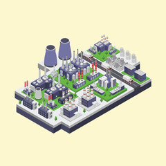 Isometric Illustration of an Industrial Complex Power Plant, Factories, and Transportation Hub