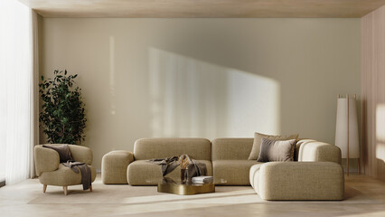 Modern living room interior in beige tones with sofa, table and armchair, 3d render
