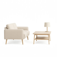 Fototapeta premium Scandinavian sofa coffee table lamp beige furniture set