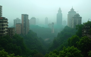 Obraz premium City reclaimed by nature, shrouded in mist; buildings emerge from lush greenery, creating a post-apocalyptic or overgrown urban landscape. High quality