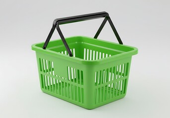 Green plastic shopping basket with black handle on white background, studio shot ai generated