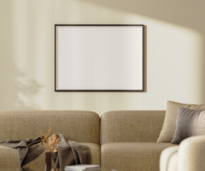 blank picture frame mock up on a wall with sunlightith sunlight above brown sofa with pillows and decor, 3d render