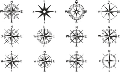 Collection of twelve black and white compass rose illustrations in various styles and orientations