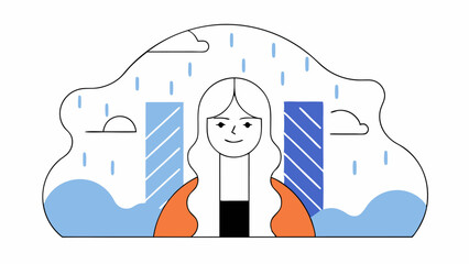 Woman Under Rainy Sky with Abstract Charts