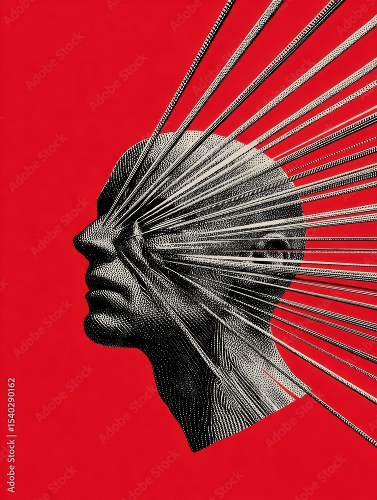 Aufkleber Stylized Head With Exploding Lines From Temple Illustrating the Feeling of Anxiety and Stress in Bold Colors and Sharp Contrasts Depicting Intense Emotions