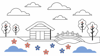 Cute Cottage by the Bridge Coloring Page