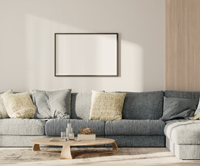 Horizontal frame mock-up in lounge interior with blue sofa and table with wooden panel on the wall, 3d render