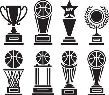 Black silhouette vector pack of 8 basketball-related trophies and medals &mdash; classic cup, MVP star, ball on pedestal, laurel medal &mdash; simple flat shapes on white background (3)