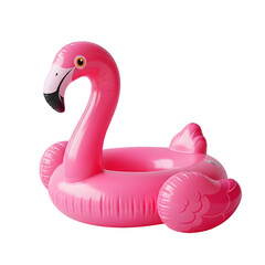 A pink inflatable flamingo pool float with a round inner tube and detailed wing features. The float is isolated on a transparent background.