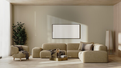Horizontal frame mock-up in modern living room interior in beige tones, 3d render 
