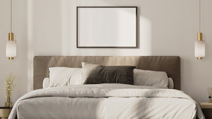 Horizontal frame mock up above the bed in modern bedroom interior, front view, 3d render