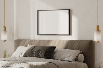 Horizontal frame mock up above the bed in modern bedroom interior, 3d render