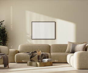 horizontal picture frame in modern living room interior with beige sofa wall with sunlight, 3d render