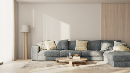 Living room interior with big blue sofa with pillows, wooden panel, table with decor, floor lamp and rug, 3d render