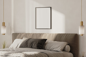poster frame mock-up above bed in modern bedroom interior, 3d render