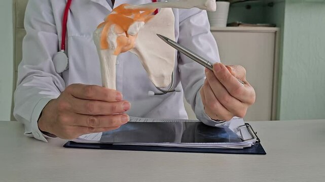 Doctor discusses hip joint anatomy with a detailed model during an educational session on human skeletal structure