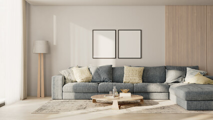 two frames mock-up on a white wall with wooden panel above the sofa with pillows in modern living room lounge zone, 3d render