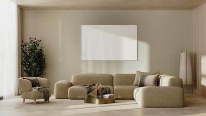 Big empty canvas mock-up in modern living room interior in beige tones, 3d render 