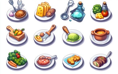 Colorful food and kitchenware icons on plates