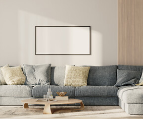 horizontal frame mock-up above the sofa with pillows in modern living room lounge zone, 3d render