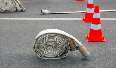 Firefighting equipment arranged for training drill at a public safety facility