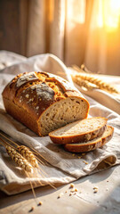 Golden Oat Bread Loaf Sliced on Linen with Warm Morning Light