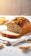 Sliced Homemade Oat Bread on Linen with Wheat Ears