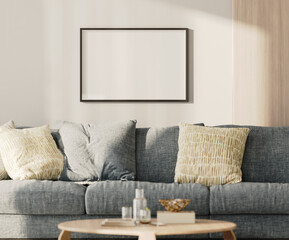 Horizontal blank frame mock-up on a white wall with wooden panel above blue sofa in living room, 3d render