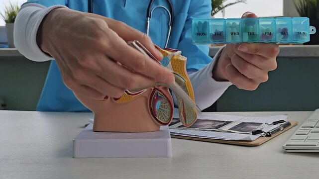 Doctor makes diagnosis and gives advice on treating male erectile dysfunction. Man health problems and pills