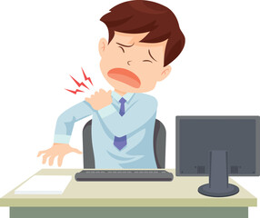 Shoulder Pain at Work: Depicting the discomfort of a worker experiencing acute shoulder pain while working at the desk. Emphasizing workplace stress, health issues.