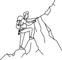 Obraz premium Climber Ascending Rocky Mountain Peak Line Art Illustration of a Determined Hiker Scaling a Steep Cliff Face, Reaching the Summit