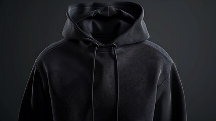 Dark gray hoodie displayed against a dark backdrop.