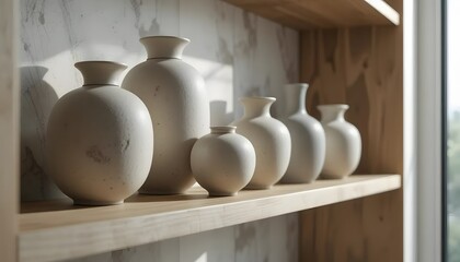 Close-up of modern ceramic vases in neutral tones on a wooden shelf, soft daylight, minimalist interior