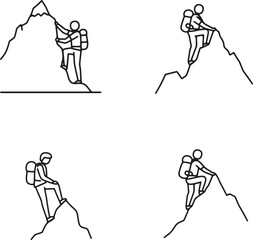 Fototapeta premium Mountain Climbing Illustrations Line Art Cliparts of Hikers Ascending Peaks