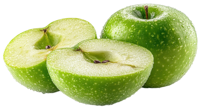 Green apple slices isolated on transparent background. PNG.
