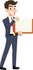 Confident Presentation: A sharp, stylish businessperson, with a charming smile, confidently presents a blank slate, perfectly poised for announcements, showcasing opportunity. 