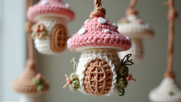 3d crochet keychain of a whimsical Mushroom fairy house, adorned with delicate, curved door handles, and ornate, multi-paned windows featuring intricate latticework, all crafted in a vibrant color