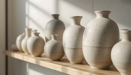 Close-up of modern ceramic vases in neutral tones on a wooden shelf, soft daylight, minimalist interior
