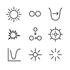 Astrophysical Icons Grid. Outline icon set of astrophysical quantum tunneling: stellar core icon, proton fusion icon, barrier