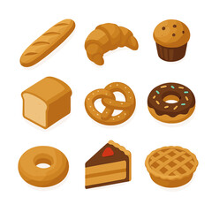 Bakery Goods Icons. Isometric Flat icon set of bakery goods aisle: baguette, croissant, muffin, sliced bread, pretzel, donut,