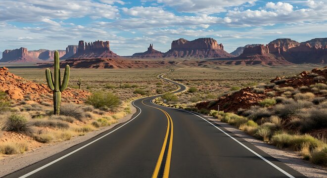 Scenic Winding Road Through Monument Valley Desert Landscape with Red Rock Mesas and Saguaro Cactus Under Blue Sky Morning Light &ndash; American Southwest Travel and Adventure Concept